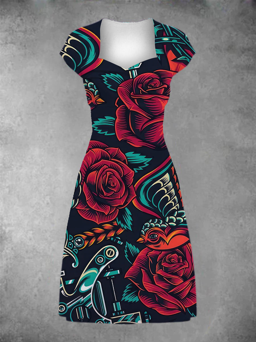 EcoExotica® - Damen Vintage rose patchwork lässig midikleid