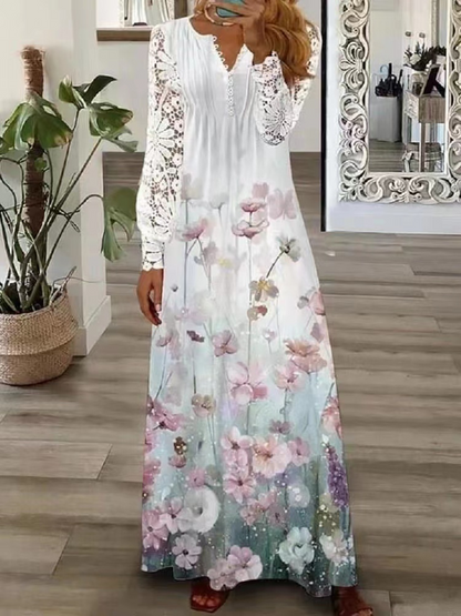 FallStil® - Elegantes grünes geblümtes langes Kleid