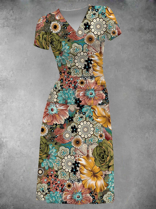 BlütenBliss® - Damen Vintage Flora Kunstdruck Midikleid