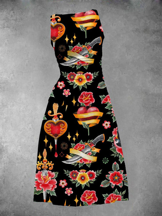 BlütenBliss® - Damen vintage rose tattoo maxi kleid